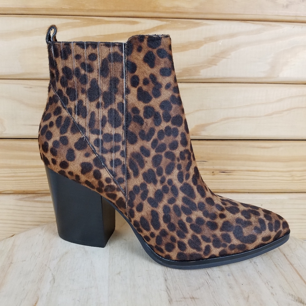 NEW MARC FISHER LTD Alva Leopard Calf Hair Bootie Ankle Boot Slip-on Pointed Toe
